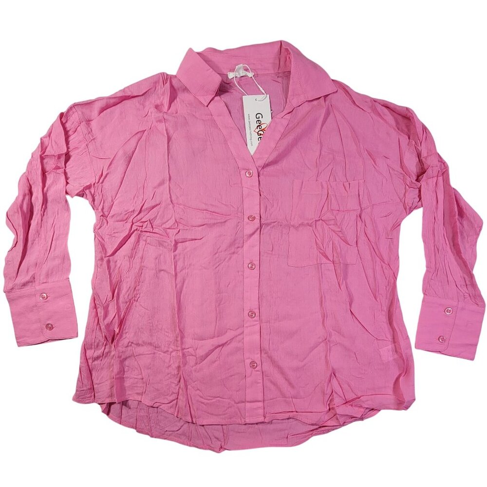 GeeGee Ultra Soft Lightweight Button Up Long Sleeve Top Pink Shirt Womens M New
